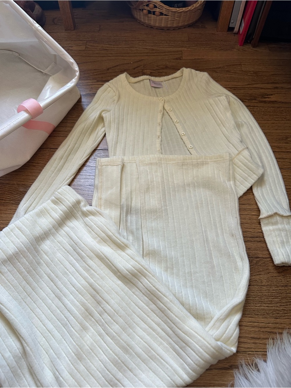Free People Cream Ribbed Knit Skirt Set